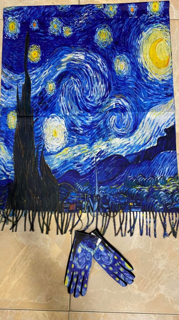 Звездна нощкашмирен шал-картина с ръкавици