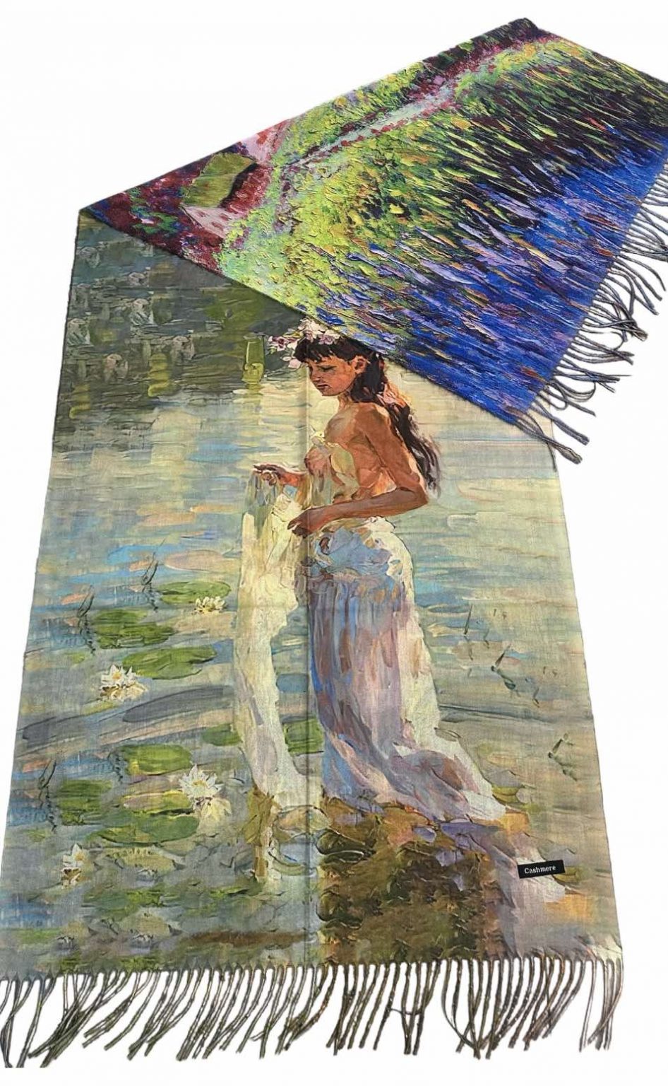 Кашмирен двулицев шал Lady in a lake with lotuses